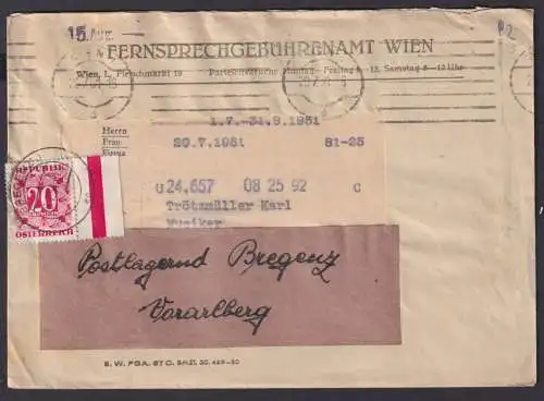 Österreich R Brief EF Porto P 238 Wien nach Bregenz als Nachporto 1951