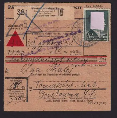 Besetzung Polen Generalgouvernement Nachnahme Paketkarte Tschenstochau Tomaszow