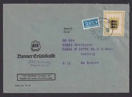 Bundesrepublik Brief EF Einzelfrankatur 212 Bamberg 27.7.1955