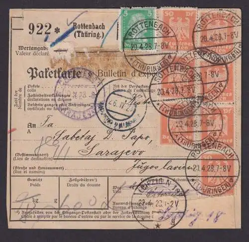 Briefmarken Deutsches Reich Brief Paketkarte Rottenbach Thüringen nach Sarajevo