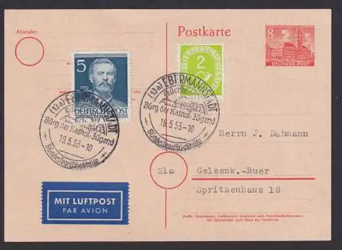 Flugpost Brief Air Mail Berlin Ganzsache Bauten + schöne ZuF Posthorn + Männer