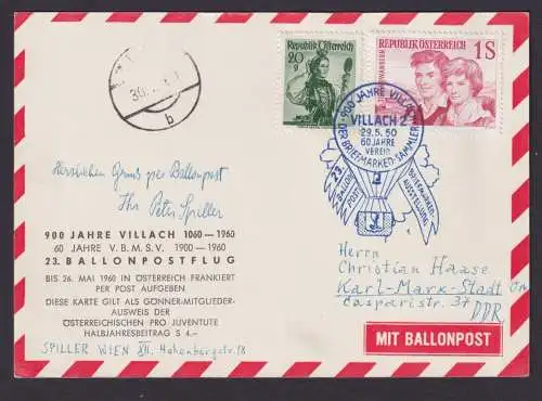 Ballon Flugpost Brief Air Mail Österreich Villach rs. alter Stich + Philatelie