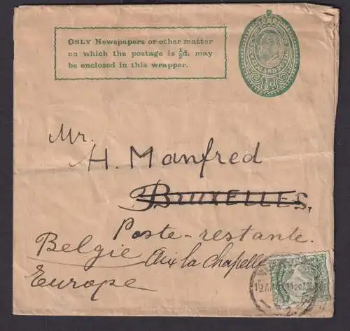 Neuseeland Brief Ganzsache Streifband King Eduard 1/2p + Portomarke nach Belgien