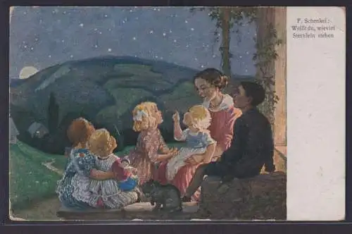 Ansichtskarte Künstlerkarte Sternennacht Mutter Kinder Landschaft