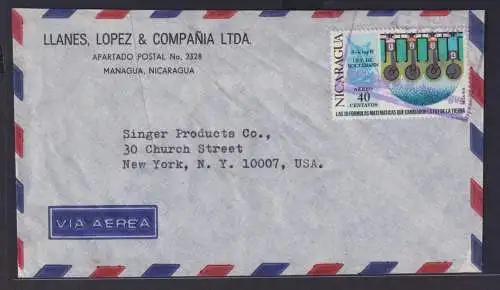 Nicaragua Luftpost Brief EF Mittelamerika 40c Managua nach New York USA