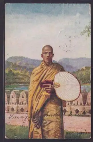 Ansichtskarte Buddhist Priester Ceylon ab Pangim Indien nach Lissabon Portugal
