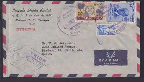 Nicaragua Flugpost Brief airmail Manaqua nach Piedmont California USA
