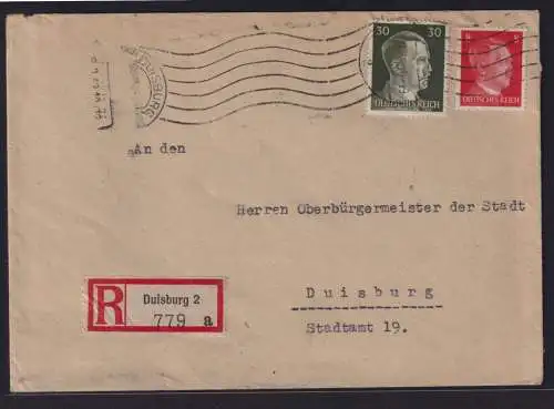Deutsches Reich R Brief 38 Pfg Hitler ab Duisburg als Orts-Einschreiben 6.2.1943