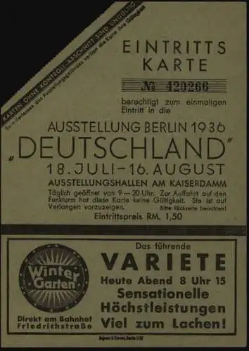Eintrittskarte Ausstellung Berlin Kaiserdamm Deutschland Friedrichstr. Variete
