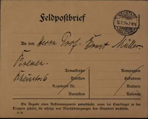 Deutsches Reich Feldpostbrief ab Neustadt Holstein Vordruck n. Bremen 16.11.1914