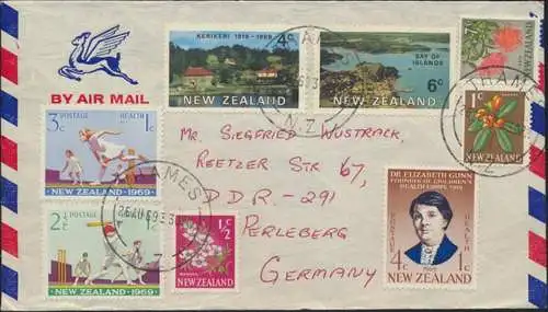 Neusseeland Brief Luftpost MIF 456-457+464+504-508 Thames nach Perleberg Sport