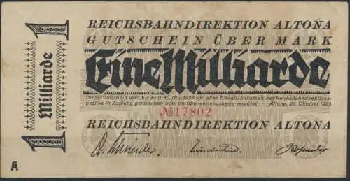 Reichsbahndirektion Altona 1 Milliarde Mark 1923 VF