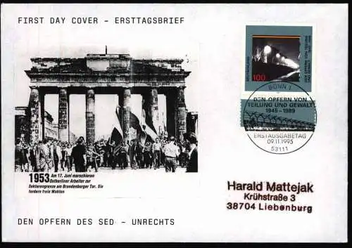 Bund Brief selbstgefertigter FDC Motiv Brandenburger Tor SST Bonn 1995