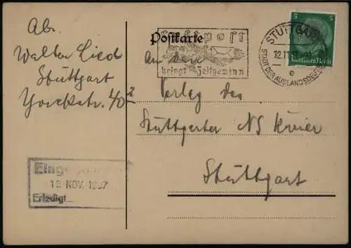 Deutsches Rreich Postkarte 5 Pfg. Hindenburg mit Werbestempel Stuttgart Luftpost