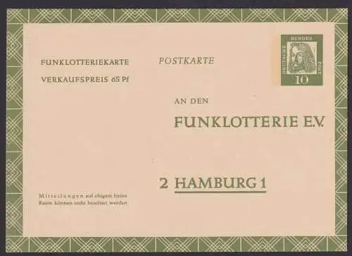 Bund Ganzsache Funklotterie FP 9 Bedeutende Deutsche 10 Pfg. Luxus