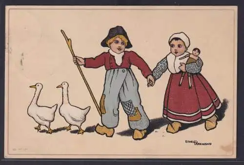 Ansichtskarte Künstlerkarte Sign. Ethel Parkinson Jumge Mädchen Hüten Enten ab