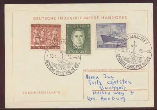 Bund Berlin Sonderstempel Hannover Industrie Messe 30.4.1955 auf Sonderkarte
