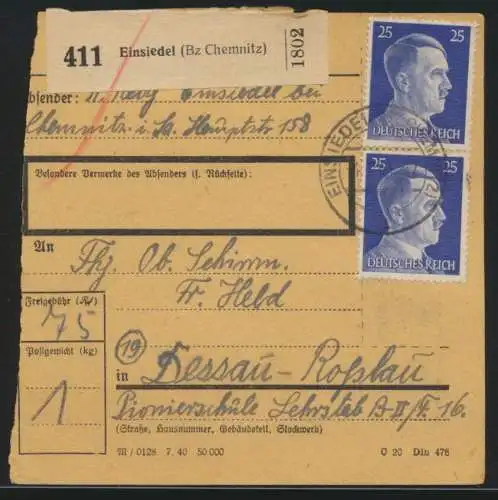 Deutsches Reich Brief 793 MEF per 3 Paketkarte Einsiedel Chemnitz Dessau Roslau