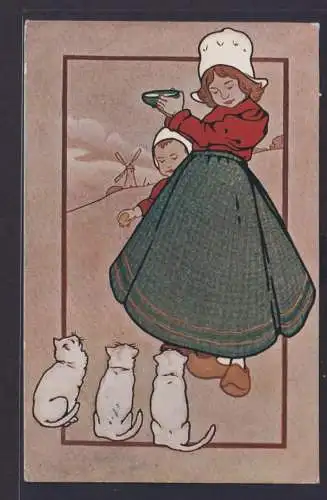 Ansichtskarte Künstlerkarte Frau Kind Katzen Füttern ab Vosges Frankreich