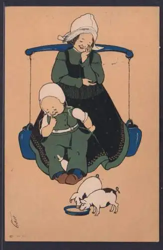 Ansichtskarte Künstlerkarte Frau Kind Schweine Fütterung Waage ab Wageningen