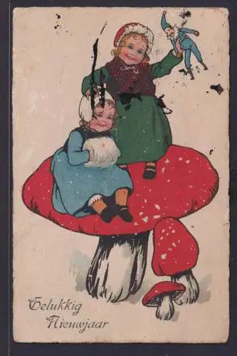 Ansichtskarte Künstlerkarte Neujahr Gelukkig Nieuwjaar Kinder Pilze