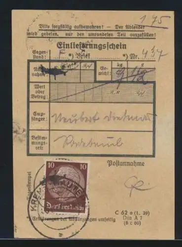 Österreich D. Reich EF 10 P Hindenburg Einlieferungsschein Krems Mautern selten