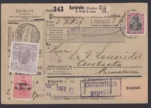 Perfin Privat Lochung Deutsches Reich Paketkarte Karsruhe Constanta Rumänien