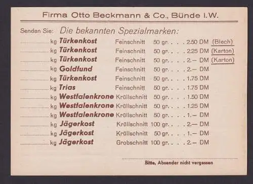 Tabak Rauchen Bünde Bestellkarte Reklame Werbung Türkenkost Tabakwaren Firma