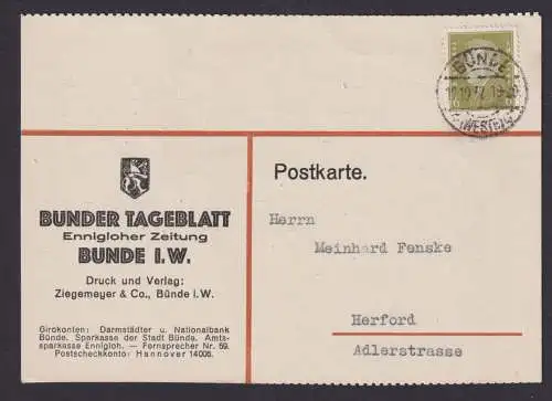 Briefmarken Deutsches Reich Brief Bünde Reklamekarte Bündener Tageblatt Herford