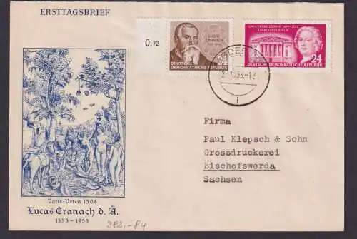DDR Brief 382 + 384 Baumeister + Lucas Cranach auf schönem Umschlag Paris Urteil
