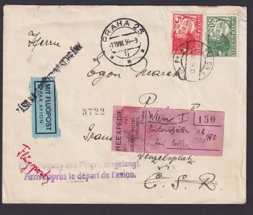 Flugpost Österreich Brief Wien Prag viol. L2 Nach Abgang des Fluges eingelangt