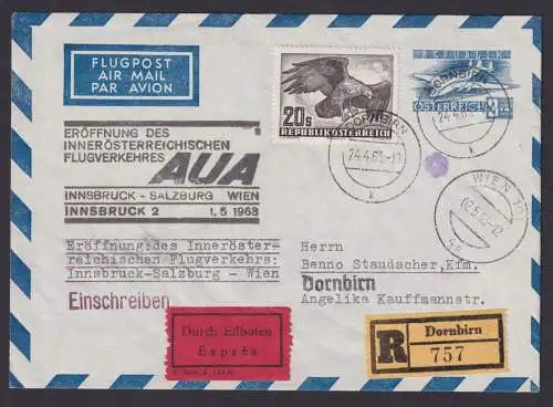 Flugpost Österreich Brief Ganzsache AUA Eröffnung Eilboten Einschreiben Dornbirn