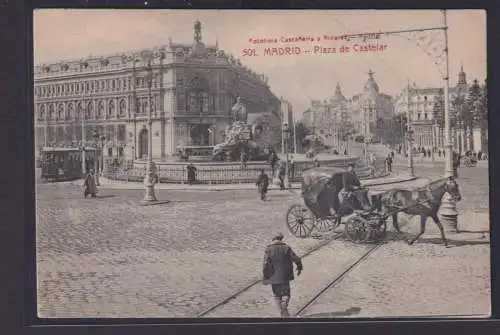 Ansichtskarte Madrid Spanien Plaza de Castelar Strassenbahn Denkmal Fuhrwerk