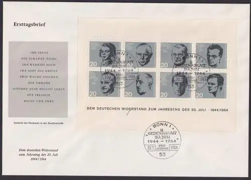 Bund Block 3 Widerstand Luxus Brief als FDC Bonn 20.7.1964 Kat.-Wert 100,00