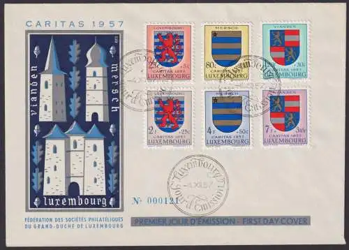 Luxemburg Brief 575-580 Cartitas Wappen Ausgabe 1957 als Luxus FDC KatWert 20,00