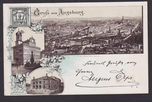 Vorläufer Ansichtskarte Augsburg Bayern Rathaus Theater nach Frankfurt 20.5.1891