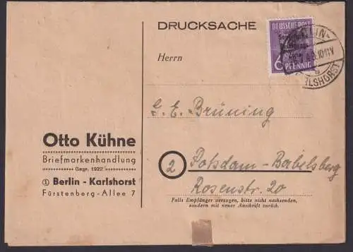 SBZ Postkarte Berlin Karlshorst Briefmarkenhandlung Otto Kühne n. Potsdam