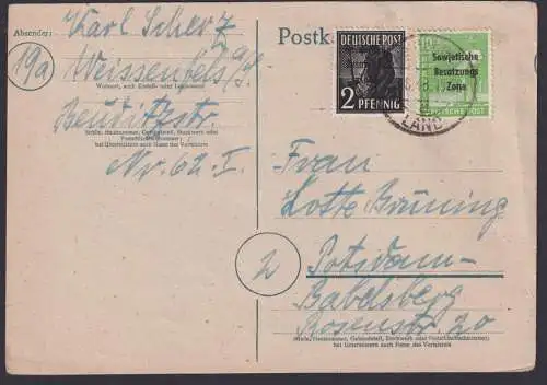 SBZ MIF aufdruck Postkarte Weissenfels Sachsen Anhalt n. Potsdam Babelsberg