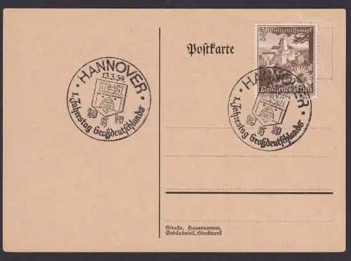 Hannover Deutsches Reich Postkarte SSt 1. Jahrestag Großdeutschlands