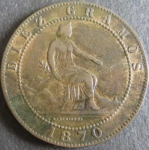 Münze Spanien Provisorische Regierung 10 Centimos 1870 ss Schön: 143