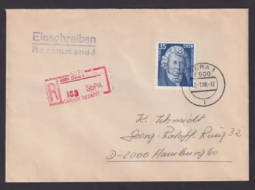 Briefmarken DDR R Brief Einschreibemarke Gera 50 Pfg. + ZuF 35 Pfg. n Hamburg