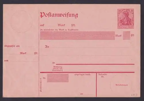 Deutsches Reich Ganzsache Postanweisung A 31 II 10 Pfg Germania Ausgabe 1907