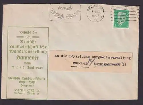 Perfin Lochung Briefmarken Deutsches Reich Brief EF Hindenburg toller Reklame