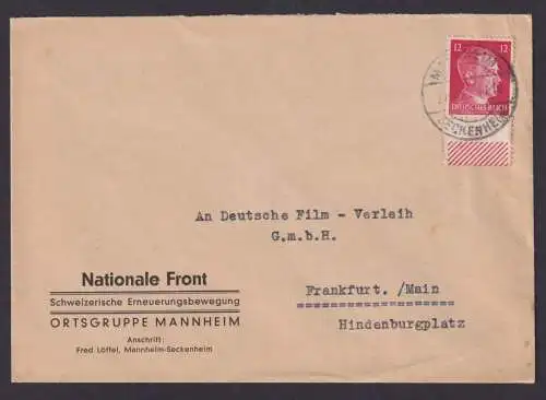 Deutsches Reich Mannheim Nationale Front Ortsgruppe Brief Frankfurt Main EF
