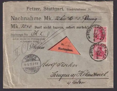 Deutsches Reich Stuttgart Nachnahme Brief MEF Germania Singen Hohentwiel