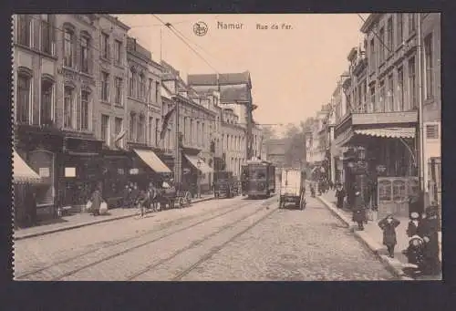 Ansichtskarte Feldpost Namur Frankreich Rue de Fer Geschäftsstrasse Strassenbahn