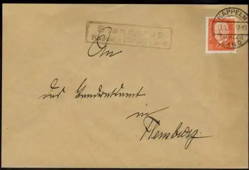 Brief Deutsches Recih Landpoststempel Stenderup Kappeln Schleswig nach Flensburg