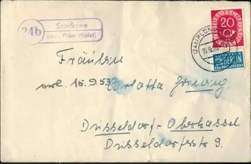 Brief Bund Landpoststempel Stocksee Plön Schleswig nach Düsseldorf Oberkasssel