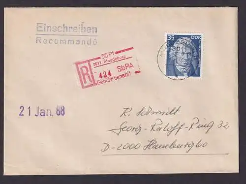 Briefmarken DDR R Brief Einschreibemarke Magdeburg 50 Pfg. + ZuF 35 Pfg. Hamburg
