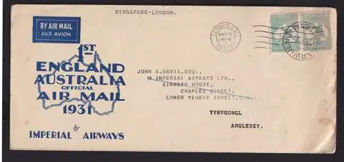 Flugpost Australien Brief MIF Destination K1 Darwin nach London Großbritannien